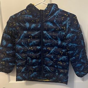 Children's Dino Adventure Puffer Coat - Navy and Yellow